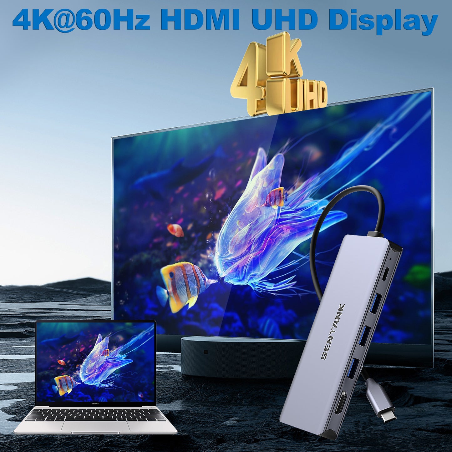 SENTANK 6 in 1 USB C Hub M.2 NVMe SSD Hard Drive Enclosure with 4K@60Hz HDMI, 3 10Gbps USB 3.0 and 100W USB C PD Charging Compatible wtih MacBook Pro/Air/Dell/Lenovo