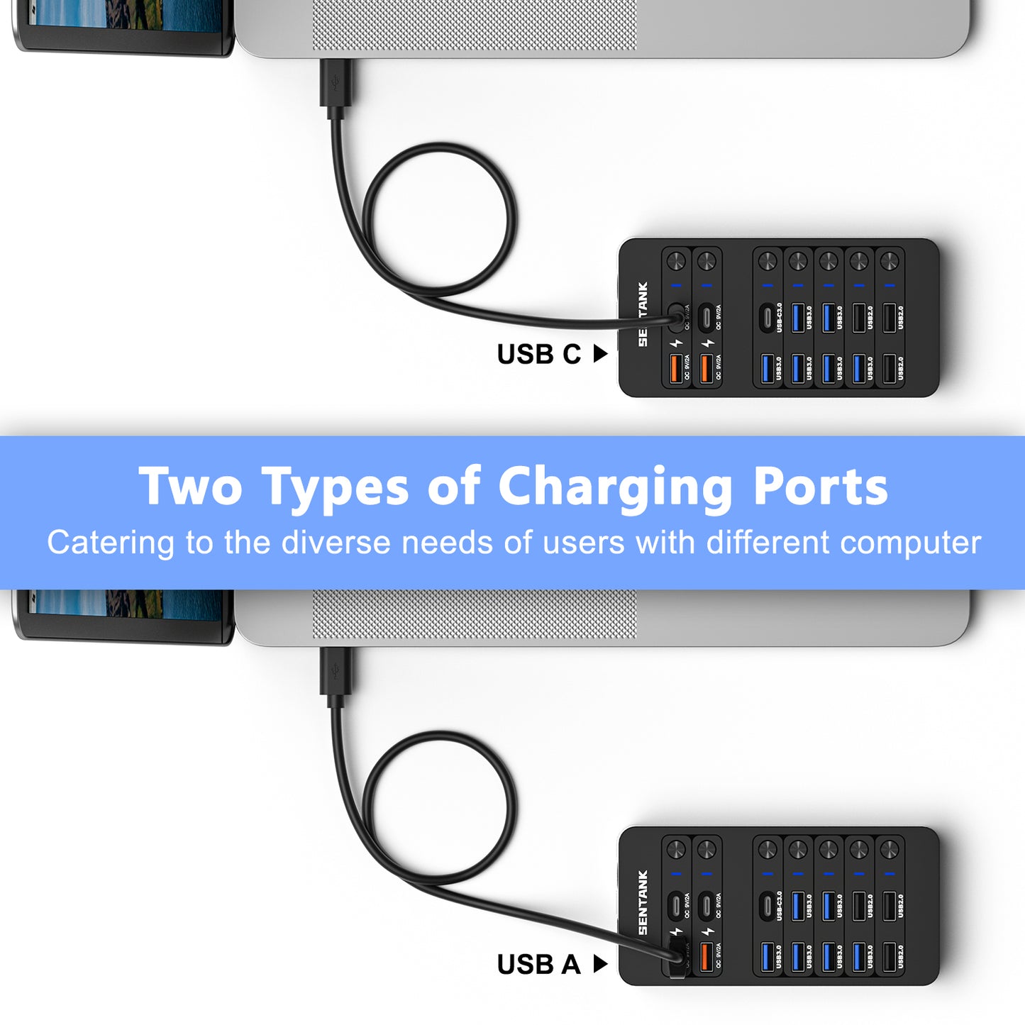 Powered USB Hub,14 Ports USB Data Hub Splitter with 6 USB 3.0 Port,4 Charging Port,1 USB-C 3.0 Data Port,1 PD 60W Charging Port w LED Individual On/Off Switches for MacBook,Mac Pro,Laptop/PC