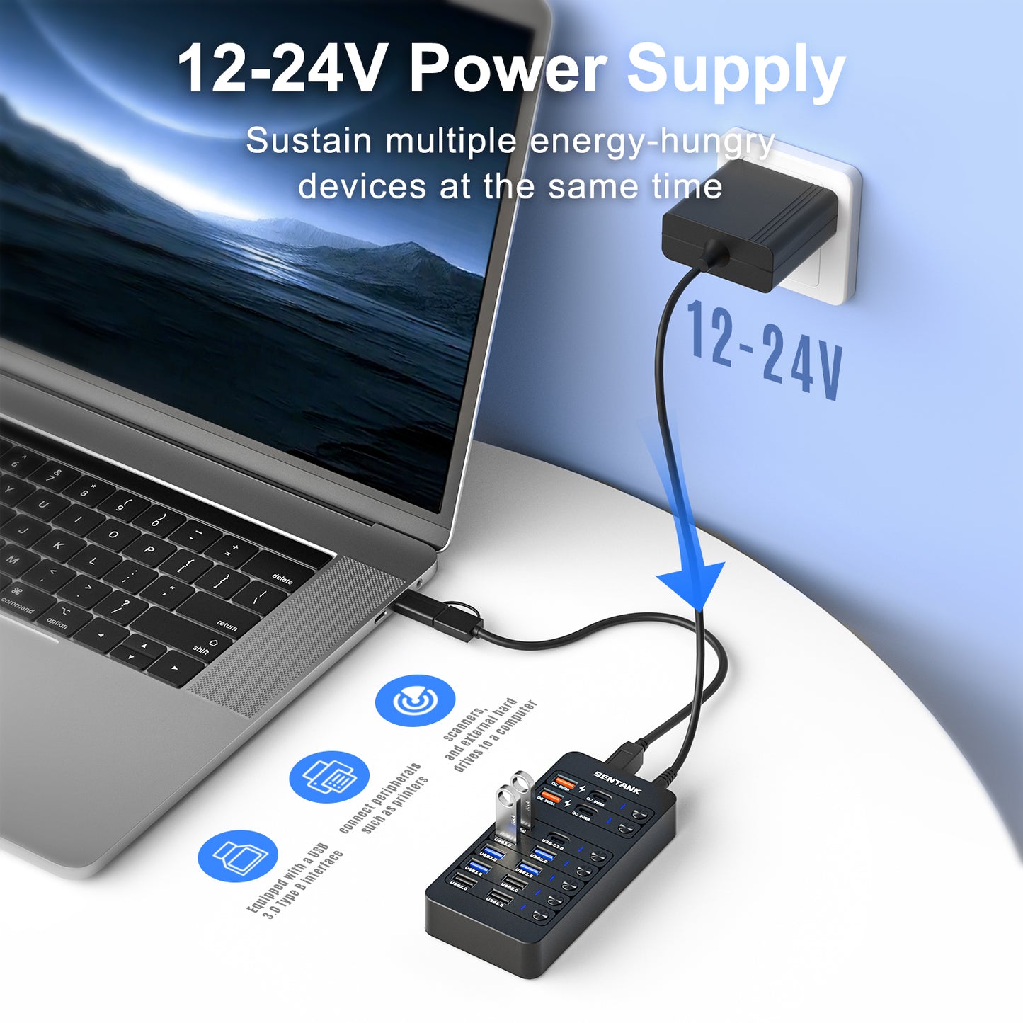 Powered USB Hub,14 Ports USB Data Hub Splitter with 6 USB 3.0 Port,4 Charging Port,1 USB-C 3.0 Data Port,1 PD 60W Charging Port w LED Individual On/Off Switches for MacBook,Mac Pro,Laptop/PC