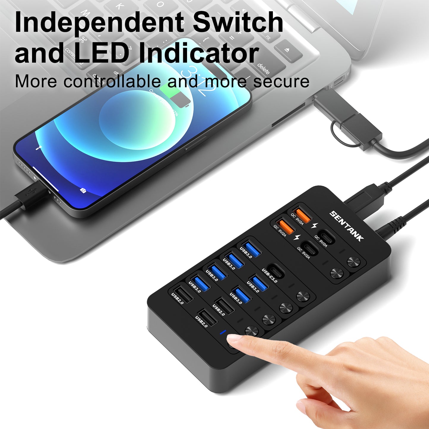 Powered USB Hub,14 Ports USB Data Hub Splitter with 6 USB 3.0 Port,4 Charging Port,1 USB-C 3.0 Data Port,1 PD 60W Charging Port w LED Individual On/Off Switches for MacBook,Mac Pro,Laptop/PC