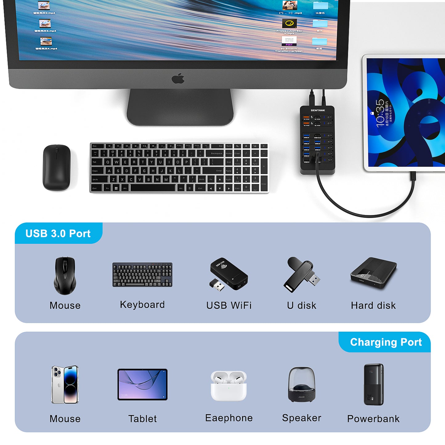 Powered USB Hub,14 Ports USB Data Hub Splitter with 6 USB 3.0 Port,4 Charging Port,1 USB-C 3.0 Data Port,1 PD 60W Charging Port w LED Individual On/Off Switches for MacBook,Mac Pro,Laptop/PC
